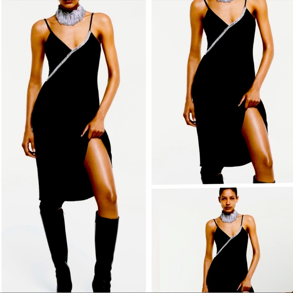 NWT ZARA SATIN EFFECT RHINESTONE DRESS Small